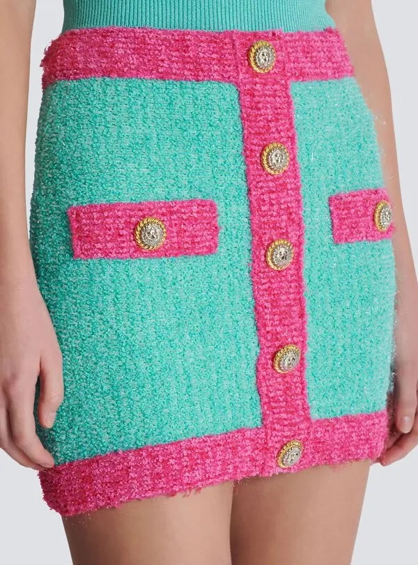 BALMAIN BUTTON-EMBELLISHED TWO-TONE BOUCLÉ KNIT MINI SKIRT