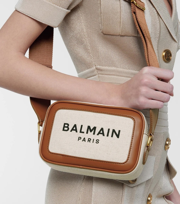 BALMAIN B-ARMY 18 LEATHER TRIMMED CANVAS CAMERA BAG