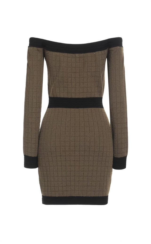 BALMAIN OFF THE SHOULDER KNITTED MINI DRESS
