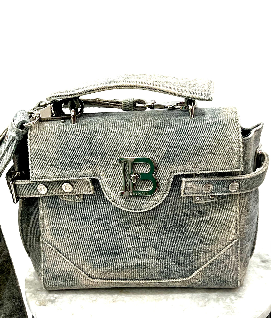 BALMAIN B-BUZZ 23 DENIM CROSSBODY BAG