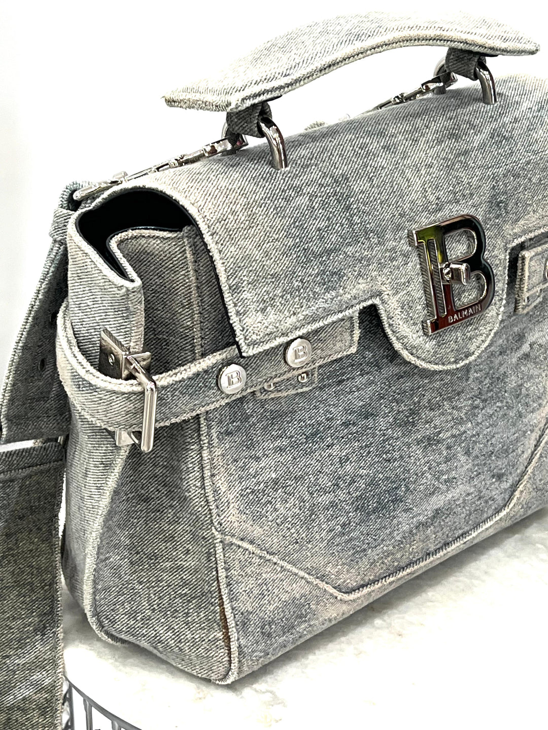 BALMAIN B-BUZZ 23 DENIM CROSSBODY BAG