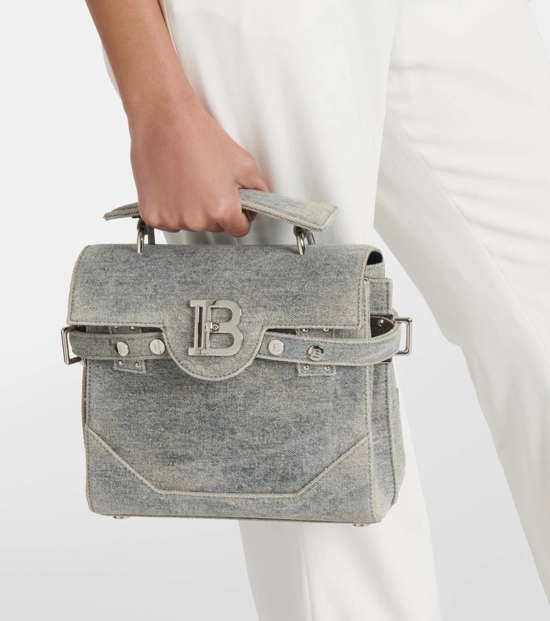 BALMAIN B-BUZZ 23 DENIM CROSSBODY BAG