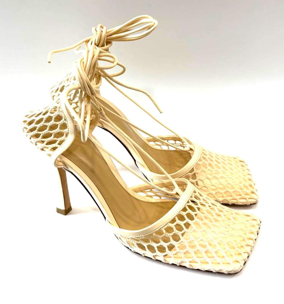 BOTTEGA VENETA LACE-UP NAPPA LEATHER TRIMMED MESH SANDALS
