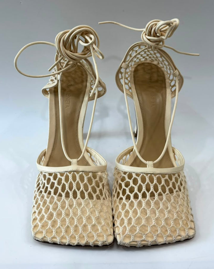 BOTTEGA VENETA LACE-UP NAPPA LEATHER TRIMMED MESH SANDALS