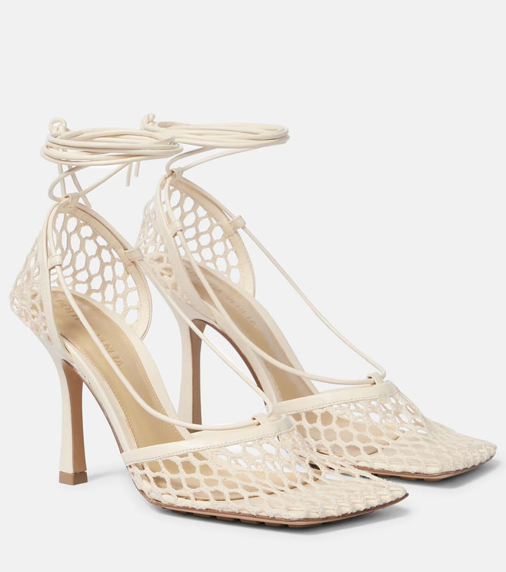 BOTTEGA VENETA LACE-UP NAPPA LEATHER TRIMMED MESH SANDALS