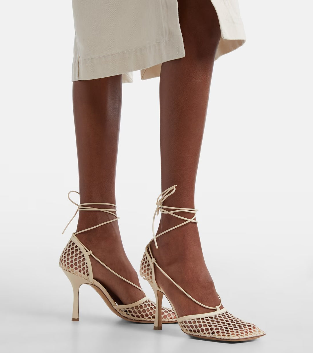 BOTTEGA VENETA STRETCH LEATHER TRIMMED MESH TIE UP SANDALS