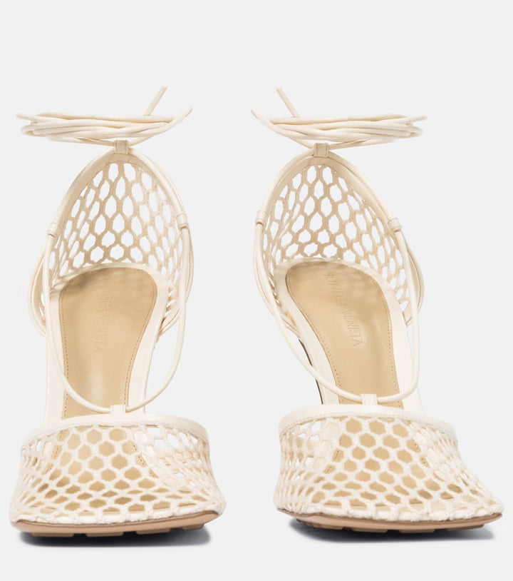 BOTTEGA VENETA STRETCH LEATHER TRIMMED MESH TIE UP SANDALS