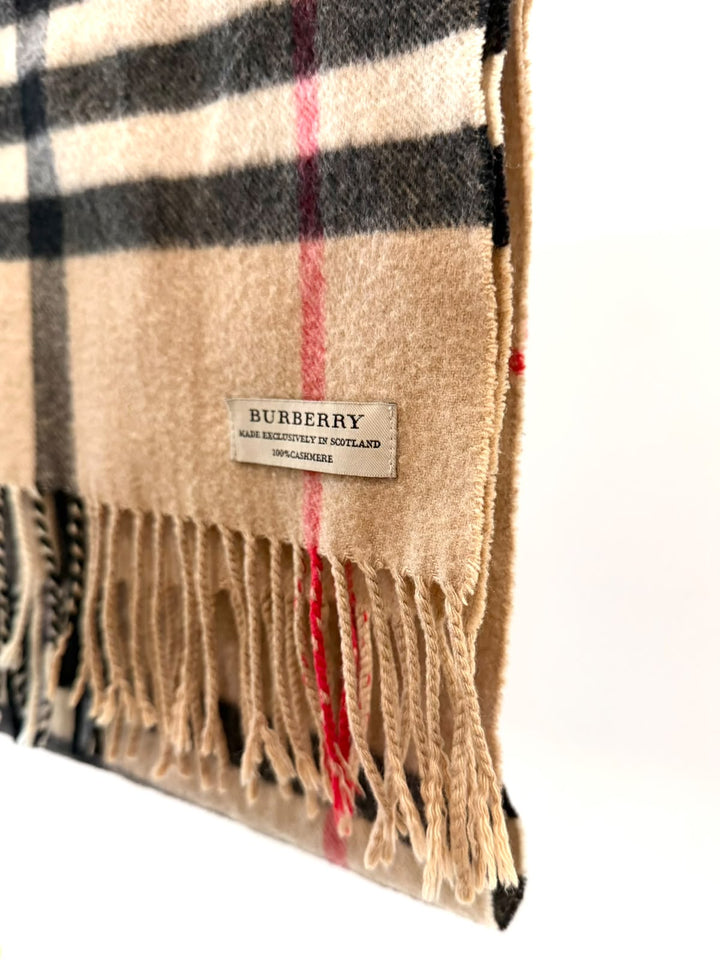 BURBERRY GIANT CHECK FRINGE CASHMERE SCARF