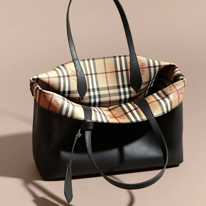 BURBERRY HAYMARKET CHECK LAVENBY BLACK MEDIUM REVERSIBLE TOTE BAG