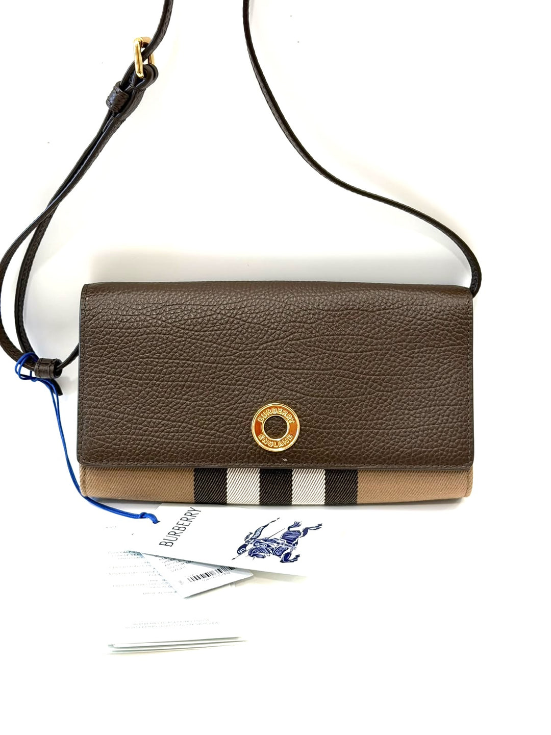 BURBERRY HOLLY HOUSE CHECK &amp; CALFSKIN LEATHER WALLET ON A STRAP
