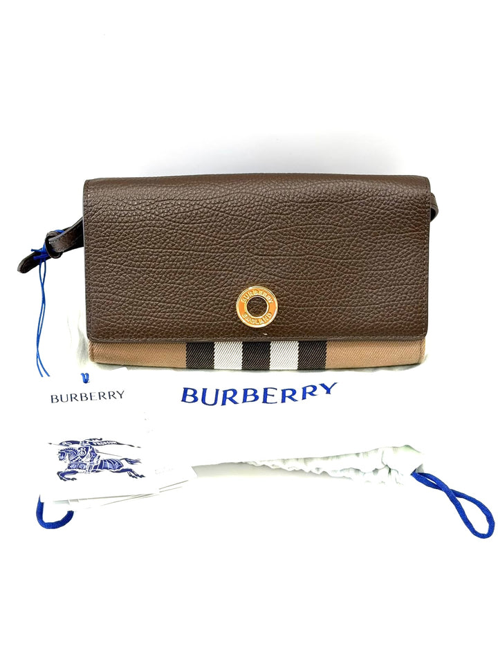BURBERRY HOLLY HOUSE CHECK &amp; CALFSKIN LEATHER WALLET ON A STRAP