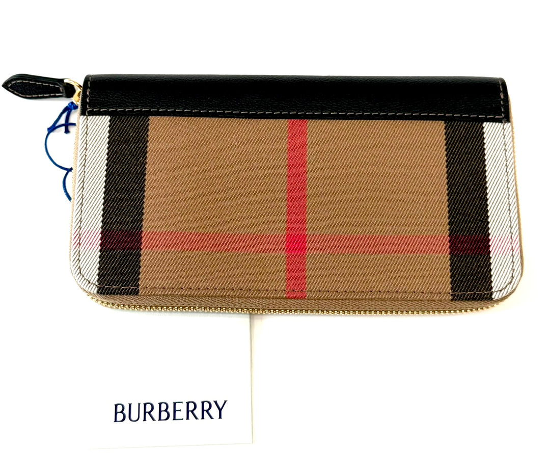 BURBERRY HOUSE CHECK LARGE ZIGGY ZIP-AROUND LEATHER TRIMMED WALLET