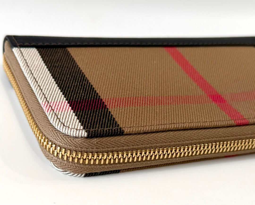 BURBERRY HOUSE CHECK LARGE ZIGGY ZIP-AROUND LEATHER TRIMMED WALLET