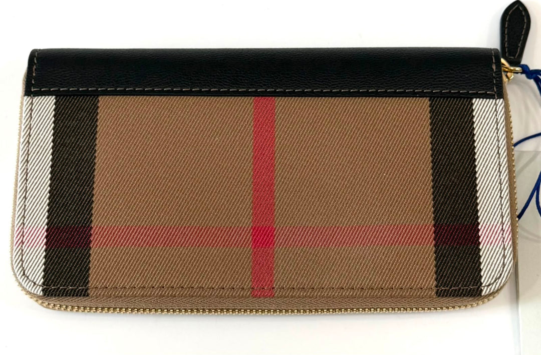 BURBERRY HOUSE CHECK LARGE ZIGGY ZIP-AROUND LEATHER TRIMMED WALLET