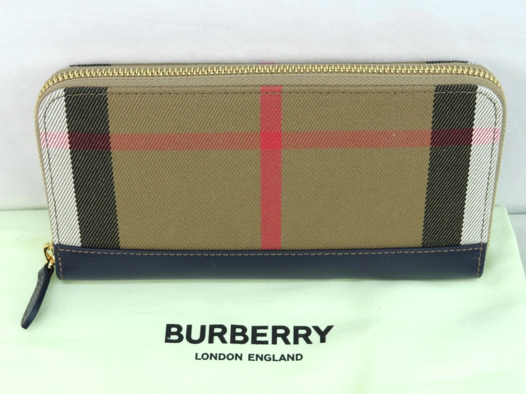 BURBERRY HOUSE CHECK LARGE ZIGGY ZIP-AROUND LEATHER TRIMMED WALLET