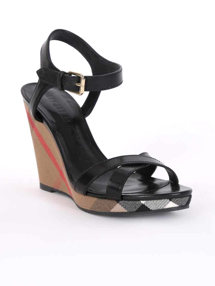 BURBERRY RASTRICKSON CHECK  LEATHER WEDGE HEELS SANDALS