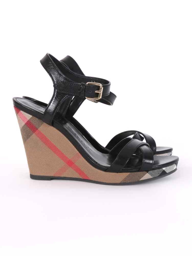 BURBERRY RASTRICKSON CHECK  LEATHER WEDGE HEELS SANDALS