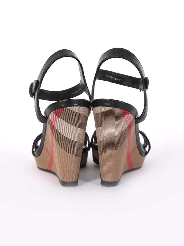 BURBERRY RASTRICKSON CHECK  LEATHER WEDGE HEELS SANDALS