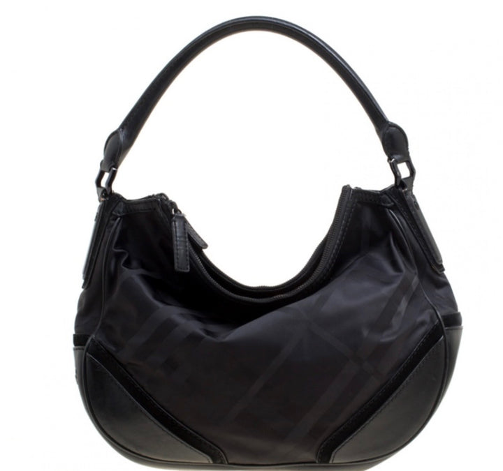 BURBERRY TONAL CHECK NYLON &amp; CALFSKIN LEATHER MED MASKELL HOBO BAG