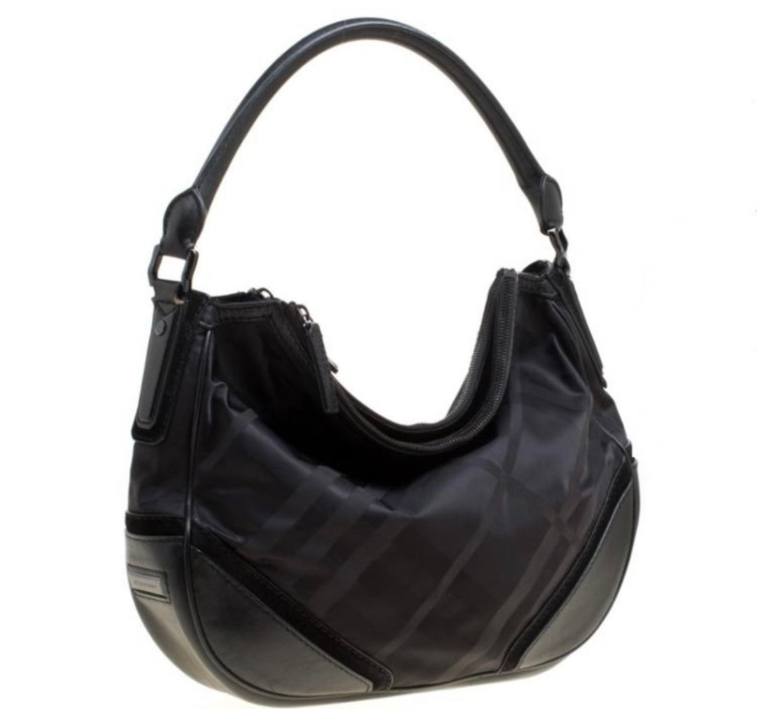 BURBERRY TONAL CHECK NYLON &amp; CALFSKIN LEATHER MED MASKELL HOBO BAG