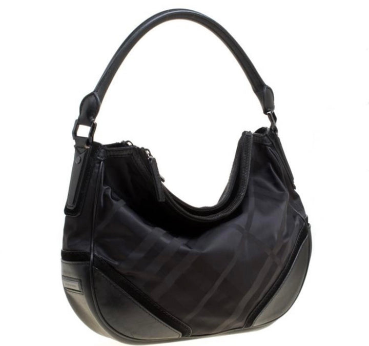 BURBERRY TONAL CHECK NYLON &amp; CALFSKIN LEATHER MED MASKELL HOBO BAG