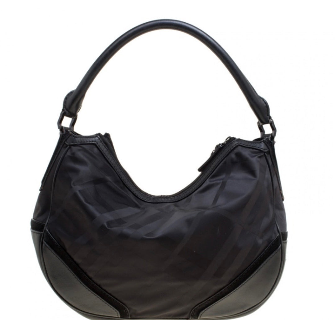 BURBERRY TONAL CHECK NYLON &amp; CALFSKIN LEATHER MED MASKELL HOBO BAG