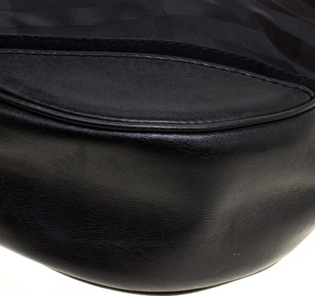 BURBERRY TONAL CHECK NYLON &amp; CALFSKIN LEATHER MED MASKELL HOBO BAG