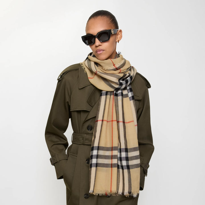 BURBERRY CHECK REVERSIBLE WOOL AND SILK SCARF
