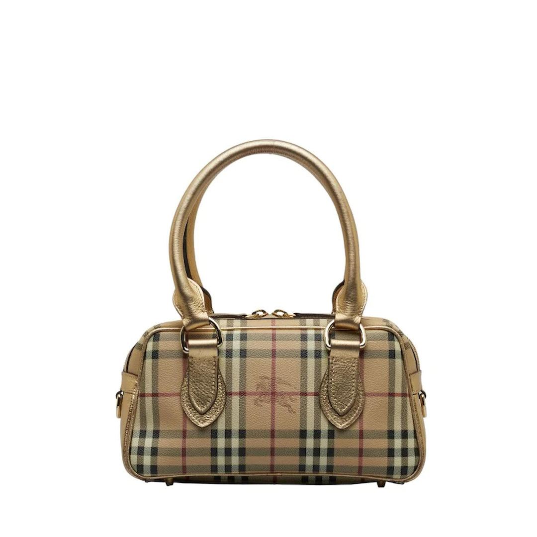 BURBERRY GOLD HAYMARKET CHECK PVC AND PATENT LEATHER BOWLER BAG