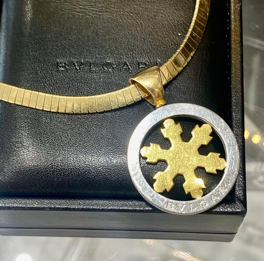 BVLGARI TONDO SNOWFLAKE 18K GOLD &amp; STAINLESS STEEL PENDANT