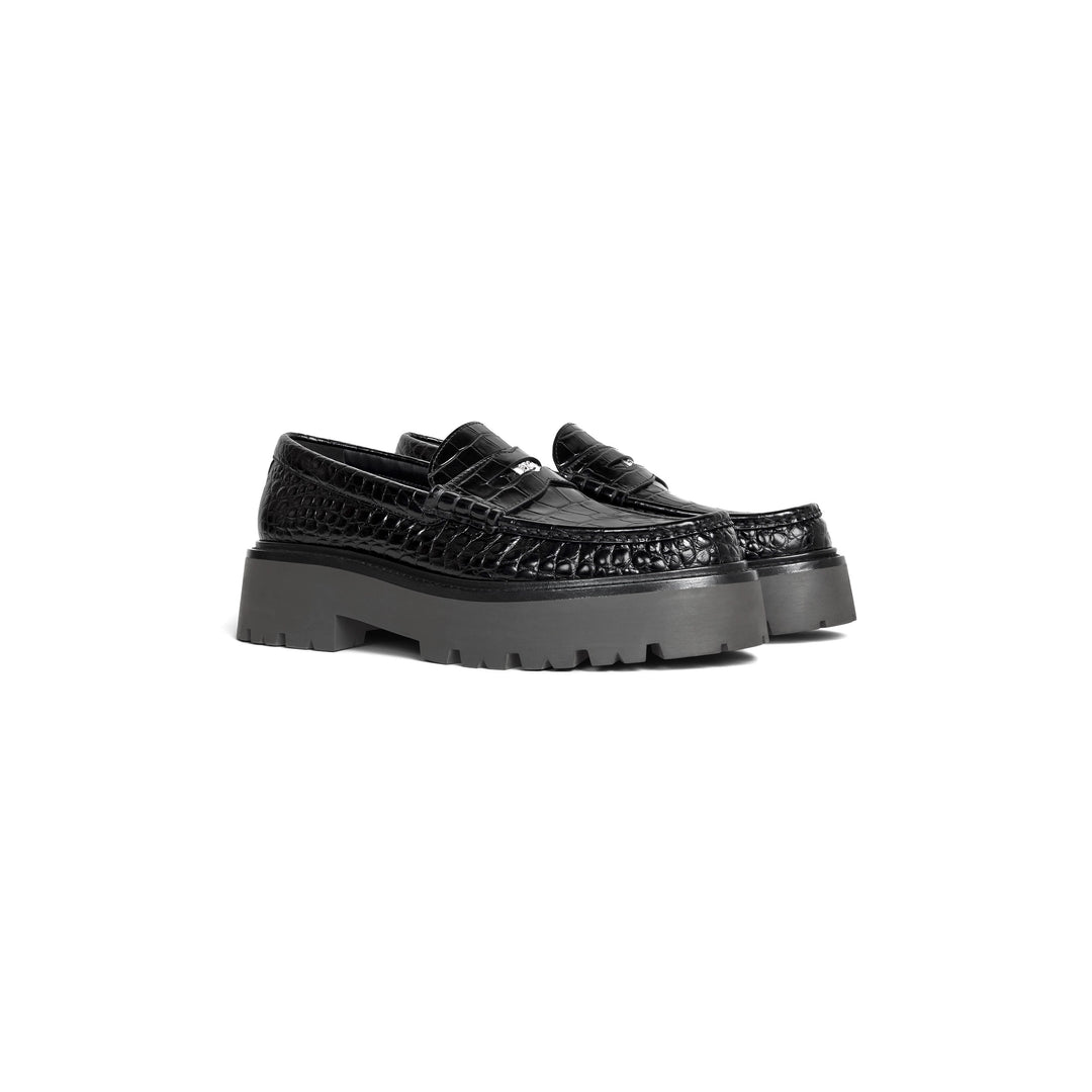 CÉLINE BULKY PENNY CROC EMBOSSED STAMPED CALFSKIN CHUNKY LOAFERS