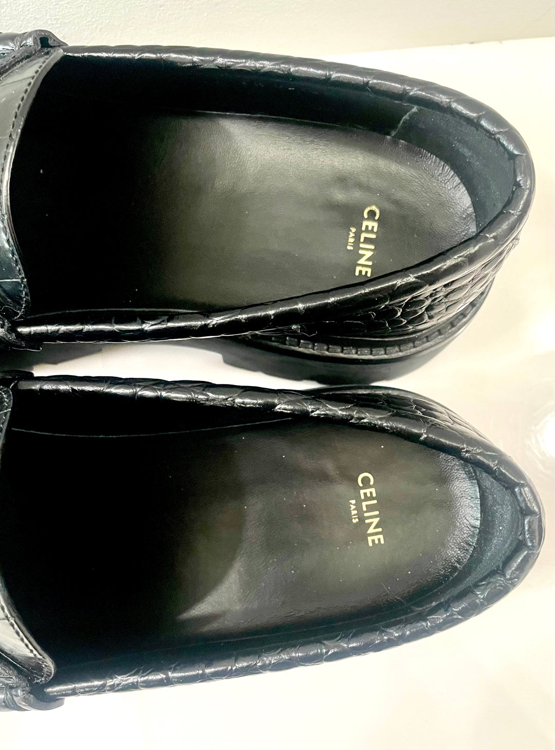CÉLINE BULKY PENNY CROC EMBOSSED STAMPED CALFSKIN CHUNKY LOAFERS