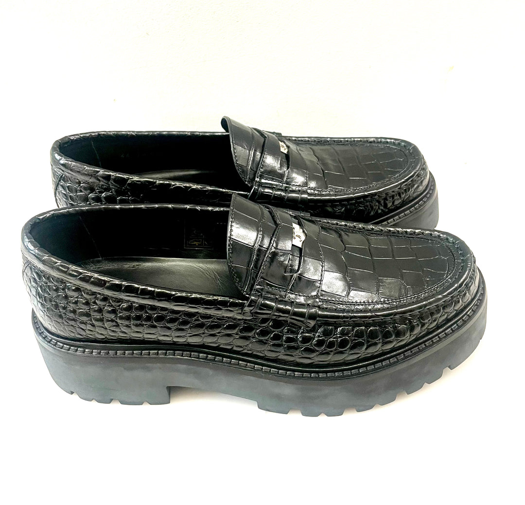 CÉLINE BULKY PENNY CROC EMBOSSED STAMPED CALFSKIN CHUNKY LOAFERS