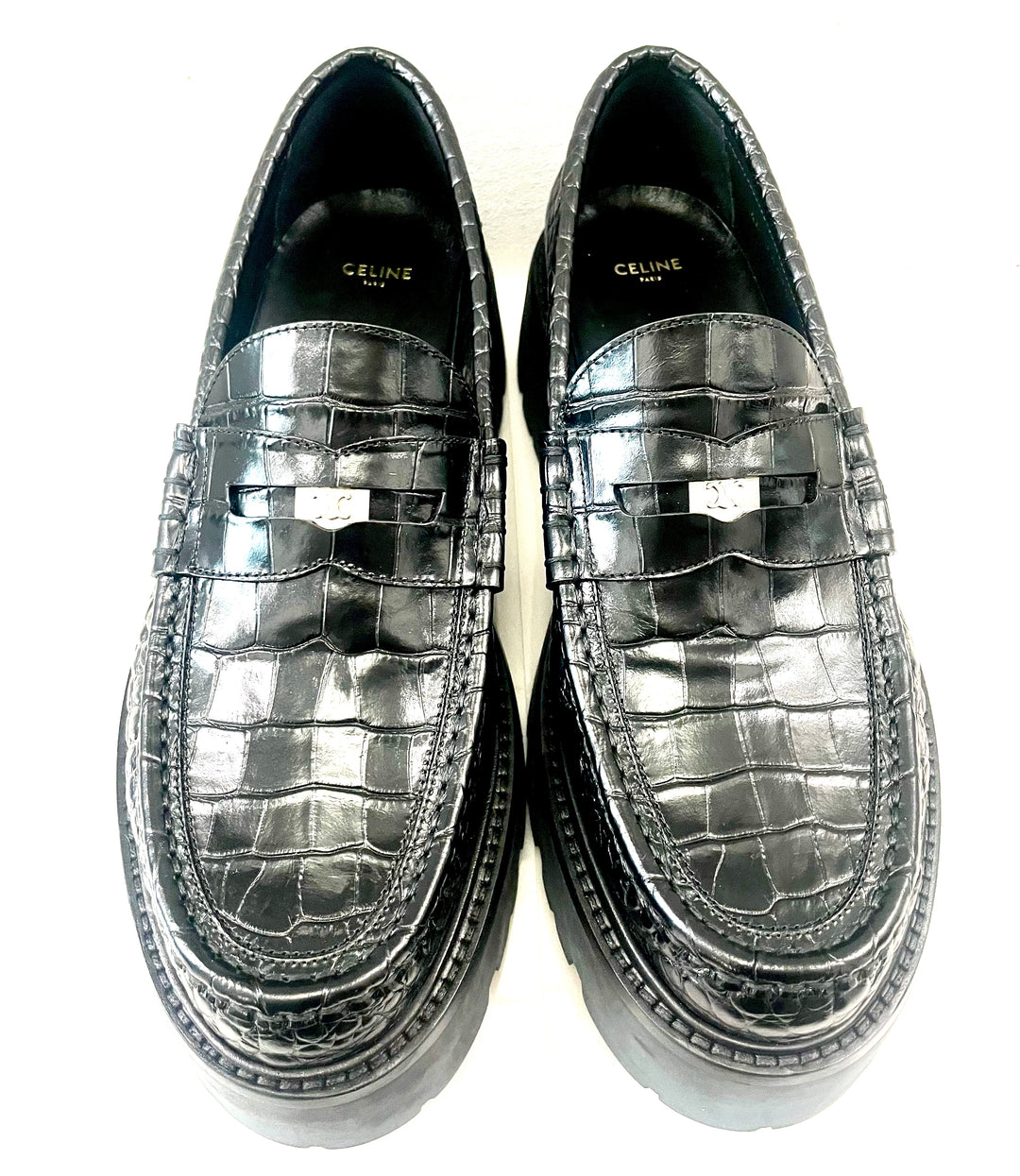 CÉLINE BULKY PENNY CROC EMBOSSED STAMPED CALFSKIN CHUNKY LOAFERS