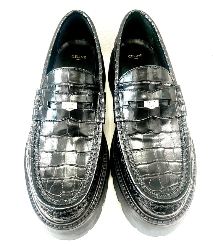 CÉLINE BULKY PENNY CROC EMBOSSED STAMPED CALFSKIN CHUNKY LOAFERS