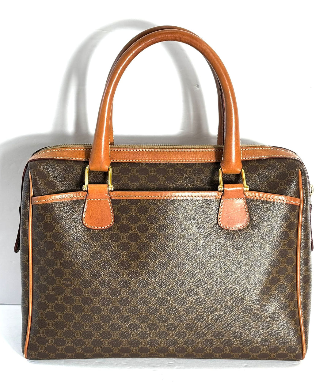 CÉLINE MACADAM COATED CANVAS &amp; LEATHER BOSTON HANDBAG