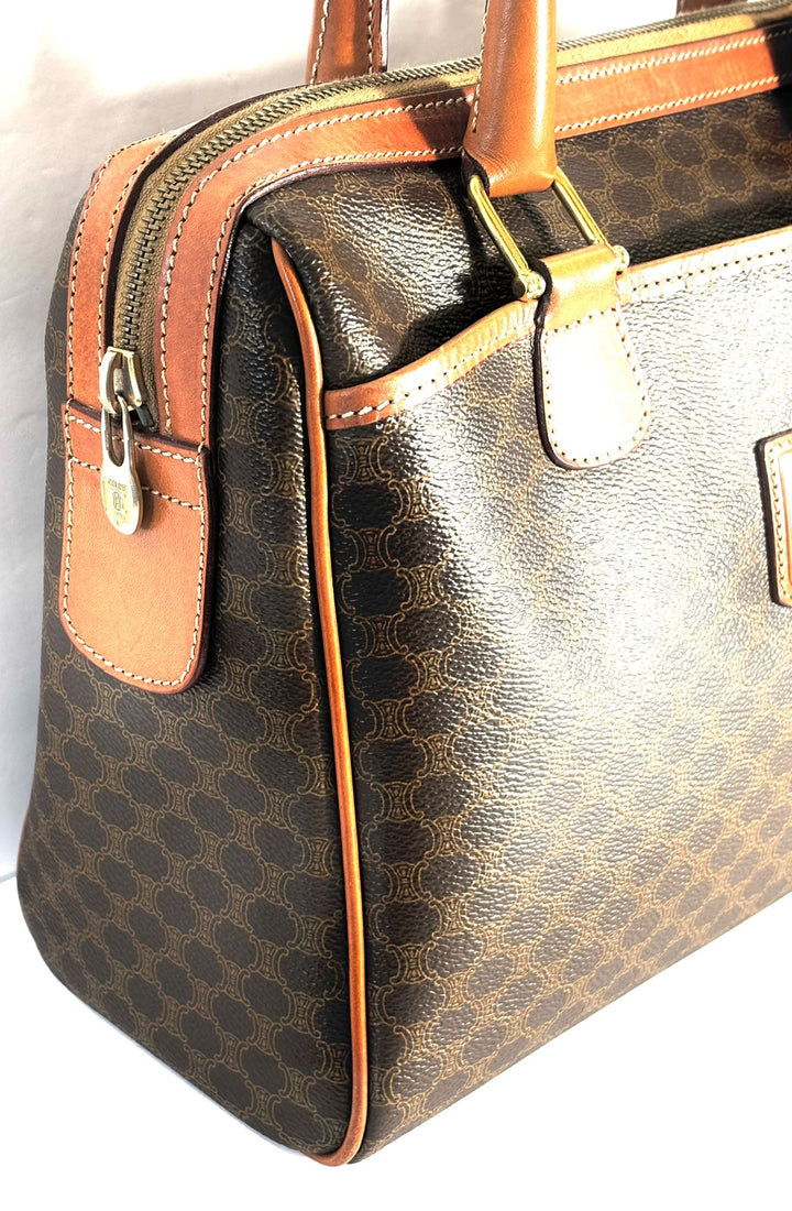 CÉLINE MACADAM COATED CANVAS &amp; LEATHER BOSTON HANDBAG