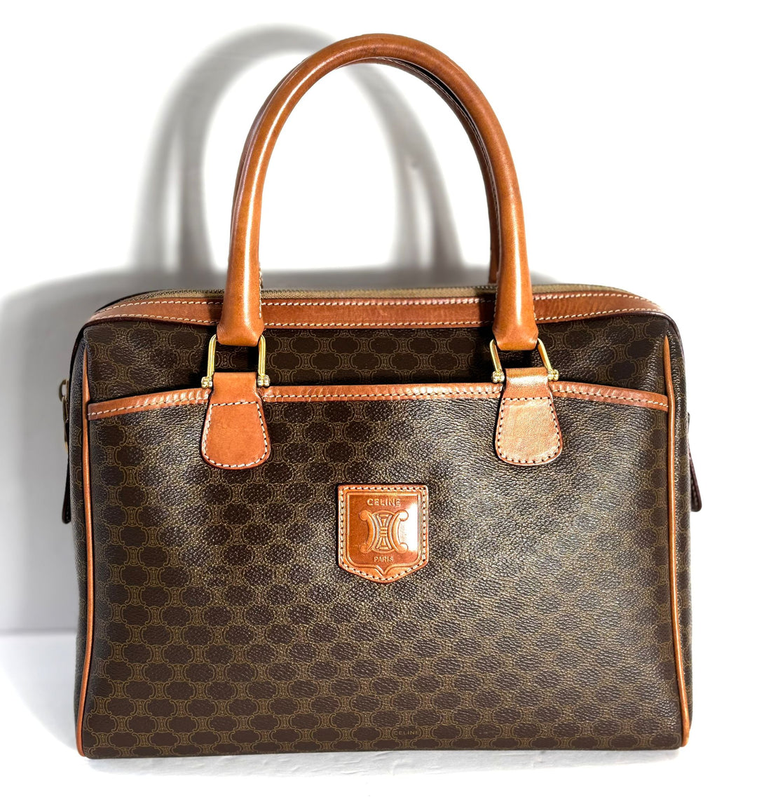 CÉLINE MACADAM COATED CANVAS &amp; LEATHER BOSTON HANDBAG