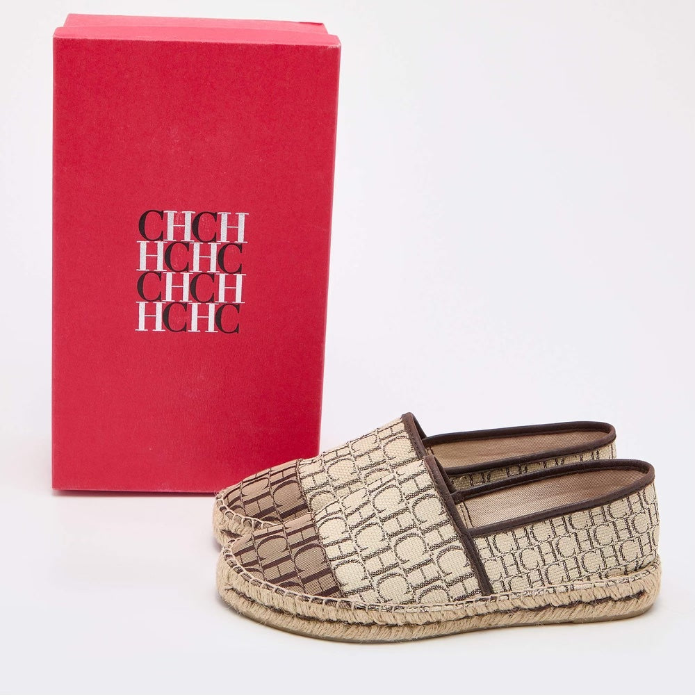 CAROLINA HERRERA CH MONOGRAM CANVAS &amp; LEATHER ESPADRILLE FLATS