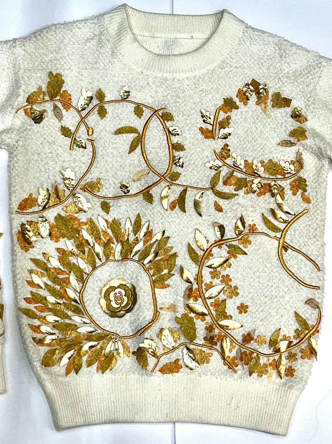 CHANEL 18C CC PARIS GREECE RUNWAY GOLD ECRU LOGO KNIT EMBELLISHED