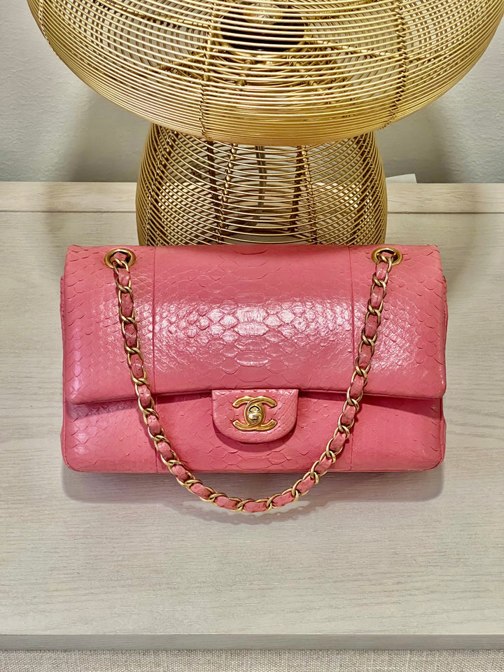 CHANEL 2.55 CLASSIC FLAP MEDIUM PINK PYTHON SHOULDER BAG