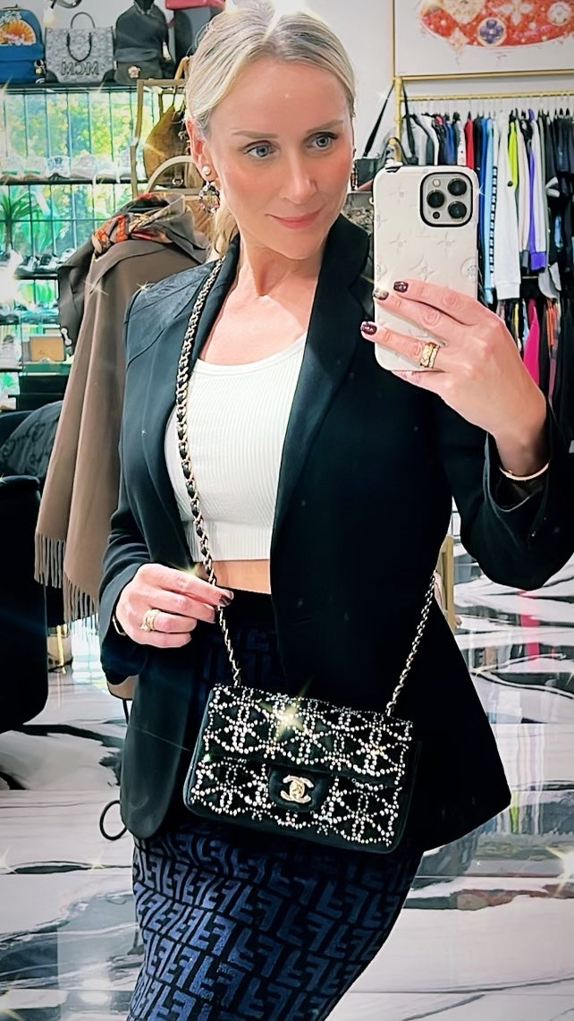 CHANEL RUTHENIUM STRASS CRYSTAL EMBELLISHED MINI CLASSIC FLAP BAG