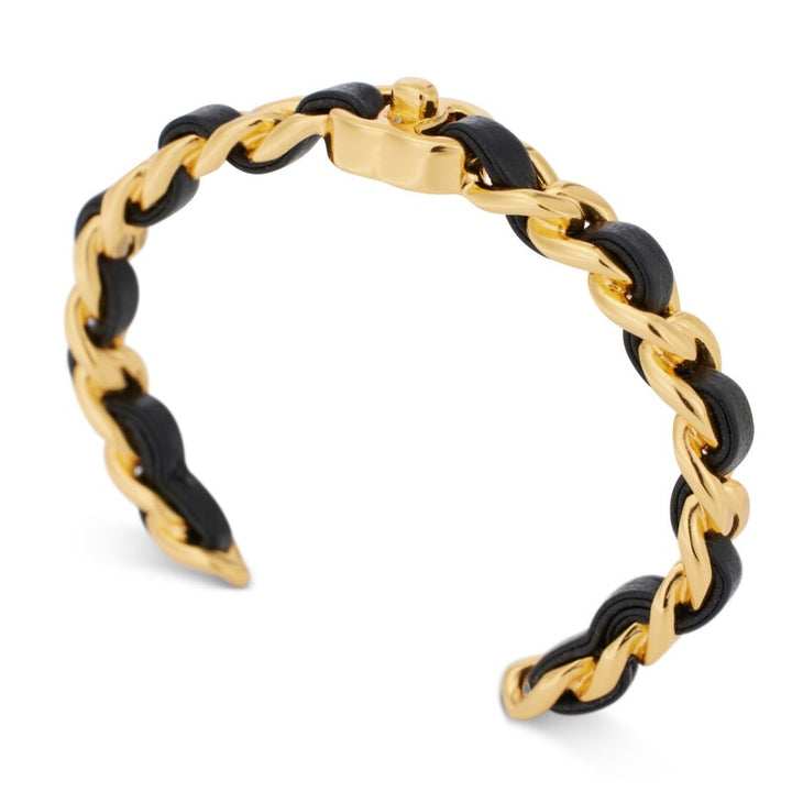 CHANEL BLACK &amp; GOLD METAL AND LAMBSKIN CLASSIC CC TURNLOCK CUFF BRACELET