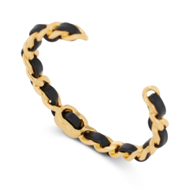 CHANEL BLACK &amp; GOLD METAL AND LAMBSKIN CLASSIC CC TURNLOCK CUFF BRACELET