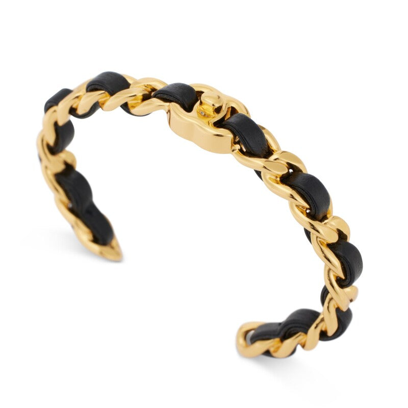 CHANEL BLACK &amp; GOLD METAL AND LAMBSKIN CLASSIC CC TURNLOCK CUFF BRACELET