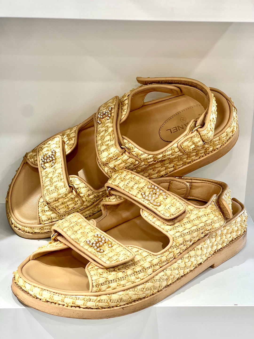 CHANEL BRAIDED RAFFIA VELCRO DAD SANDALS