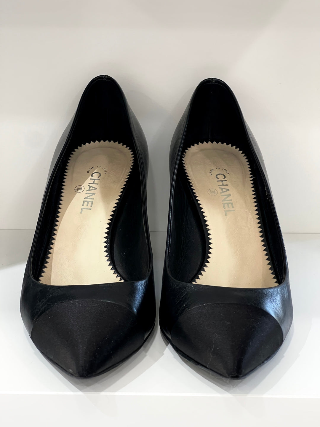 CHANEL CC CAP TOE PEARL EMBELLISHED HEEL PUMPS