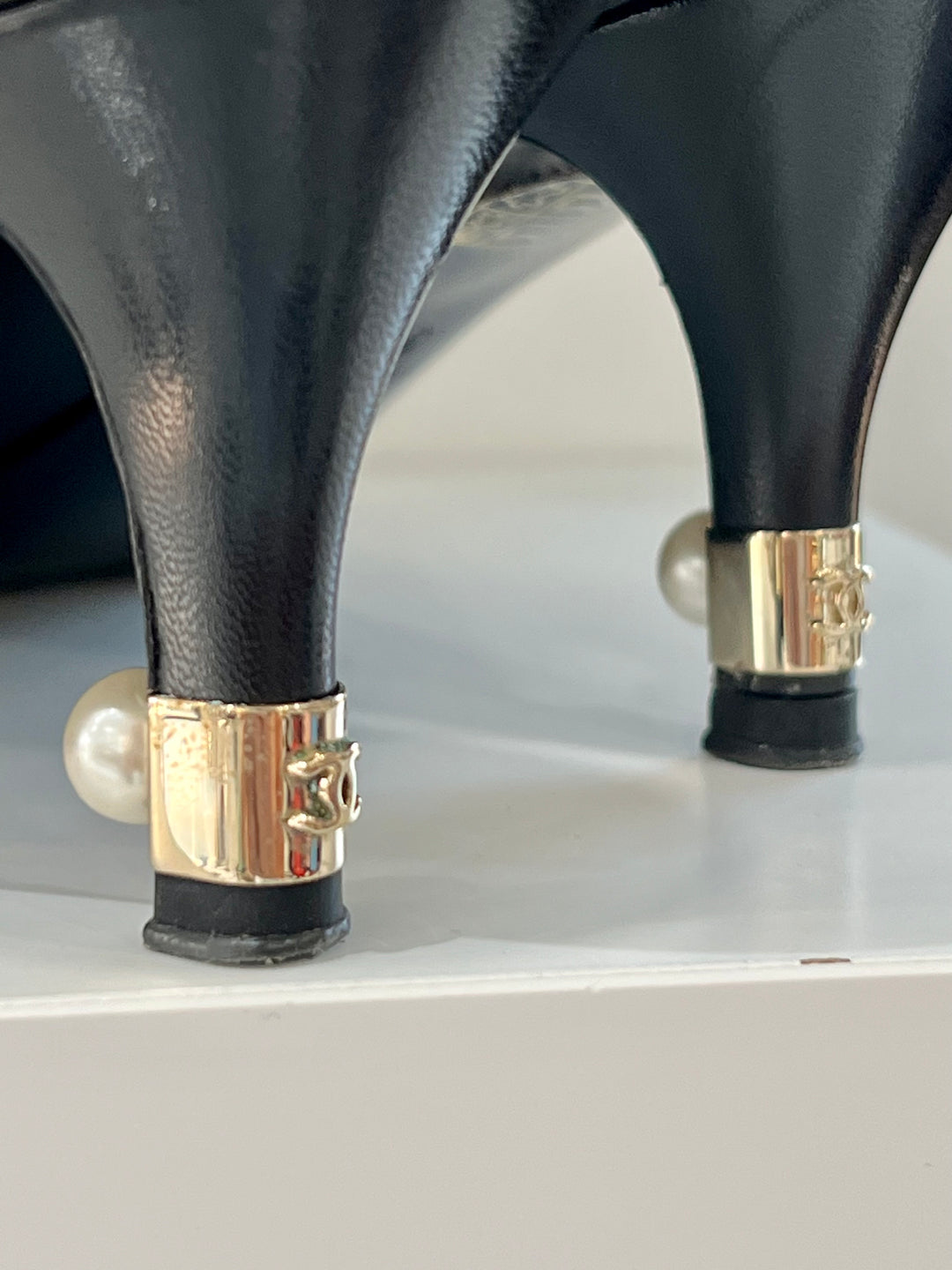 CHANEL CC CAP TOE PEARL EMBELLISHED HEEL PUMPS