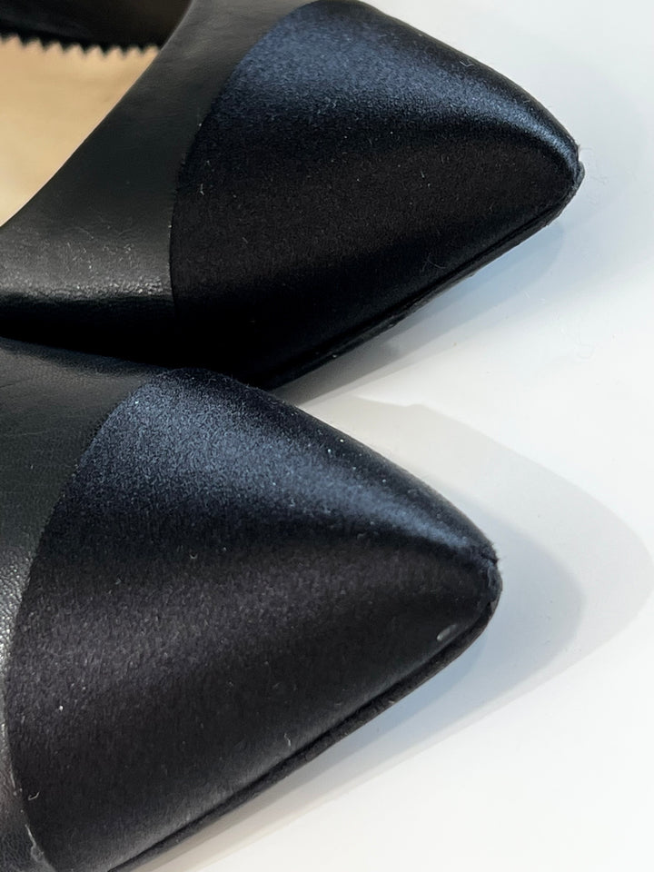 CHANEL CC CAP TOE PEARL EMBELLISHED HEEL PUMPS