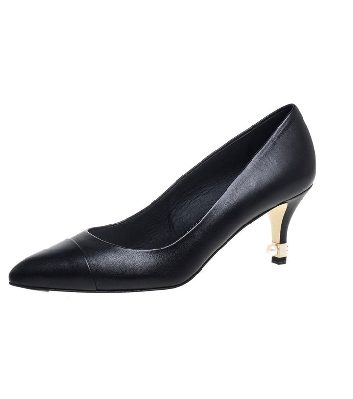 CHANEL CC CAP TOE PEARL EMBELLISHED HEEL PUMPS